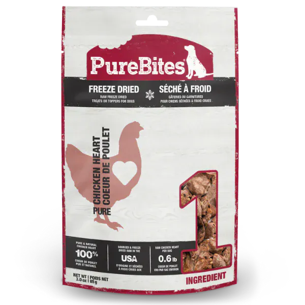 PureBites Freeze Dried Chicken Heart Dog Treats, 85g